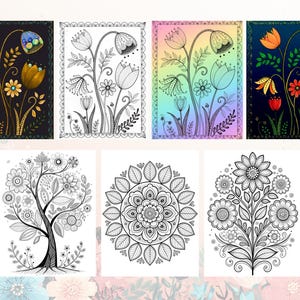 Peut inclure: Une collection de six impressions d'art floral. La rang&eacute;e sup&eacute;rieure pr&eacute;sente des illustrations de fleurs color&eacute;es avec des fonds sombres et clairs. La rang&eacute;e inf&eacute;rieure pr&eacute;sente des dessins au trait en noir et blanc d'un arbre, d'un mandala et d'un bouquet floral.