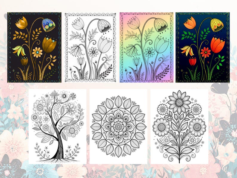 Peut inclure: Une collection de six impressions d'art floral. La rang&eacute;e sup&eacute;rieure pr&eacute;sente des illustrations de fleurs color&eacute;es avec des fonds sombres et clairs. La rang&eacute;e inf&eacute;rieure pr&eacute;sente des dessins au trait en noir et blanc d'un arbre, d'un mandala et d'un bouquet floral.