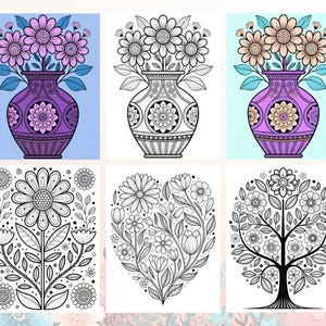 Peut inclure: Six illustrations &agrave; th&egrave;me floral. La rang&eacute;e sup&eacute;rieure pr&eacute;sente des vases avec des fleurs en couleur et en noir et blanc. La rang&eacute;e inf&eacute;rieure comprend une fleur unique, un arrangement floral en forme de c&oelig;ur et un motif d'arbre, tous en noir et blanc.