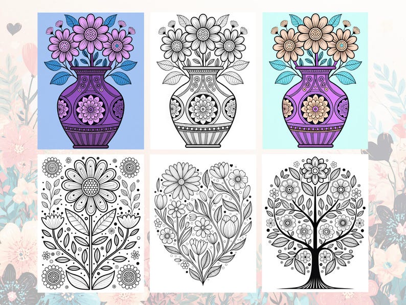 Peut inclure: Six illustrations &agrave; th&egrave;me floral. La rang&eacute;e sup&eacute;rieure pr&eacute;sente des vases avec des fleurs en couleur et en noir et blanc. La rang&eacute;e inf&eacute;rieure comprend une fleur unique, un arrangement floral en forme de c&oelig;ur et un motif d'arbre, tous en noir et blanc.