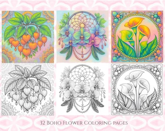 Coloriages de fleurs en niveaux de gris : mandalas bohèmes (téléchargement numérique au format PDF)