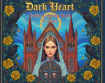 Pode incluir: Um livro de colorir Dark Heart Gothic Coloring Book com 52 páginas. A capa apresenta uma figura central com véu azul, uma catedral vermelha, quatro corvos pretos e rosas amarelas numa moldura circular sobre um céu azul com sol.