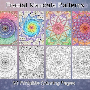 May include: An image showcasing eight fractal mandala patterns, each with intricate designs and vibrant colors. The top text reads "Fractal Mandala Patterns" and the bottom text reads "60 Printable Coloring Pages". The designs include spirals and floral motifs.