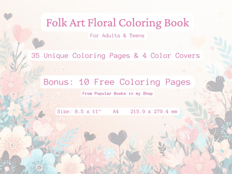 Peut inclure: Livre de coloriage floral intitul&eacute; "Folk Art Floral Coloring Book" pour adultes et adolescents. Il comprend 35 pages &agrave; colorier uniques, 4 couvertures en couleur et 10 pages gratuites en bonus. Le livre mesure 21,59 cm x 27,94 cm.
