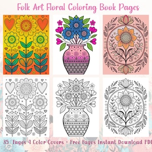 Peut inclure: Un t&eacute;l&eacute;chargement num&eacute;rique de pages de livre de coloriage floral d'art populaire. L'image montre six motifs floraux diff&eacute;rents, certains en couleur et d'autres en noir et blanc. Le texte en haut dit "Folk Art Floral Coloring Book Pages". Le texte en bas dit "35 Pages 4 Color Covers + Free Pages Instant Download PDF".