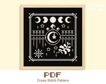 Witchy Cross Stitch Pattern - Black Canvas, Gothic Design, Simple Embroidery, Counted Cross Stitch Chart, Square Shape