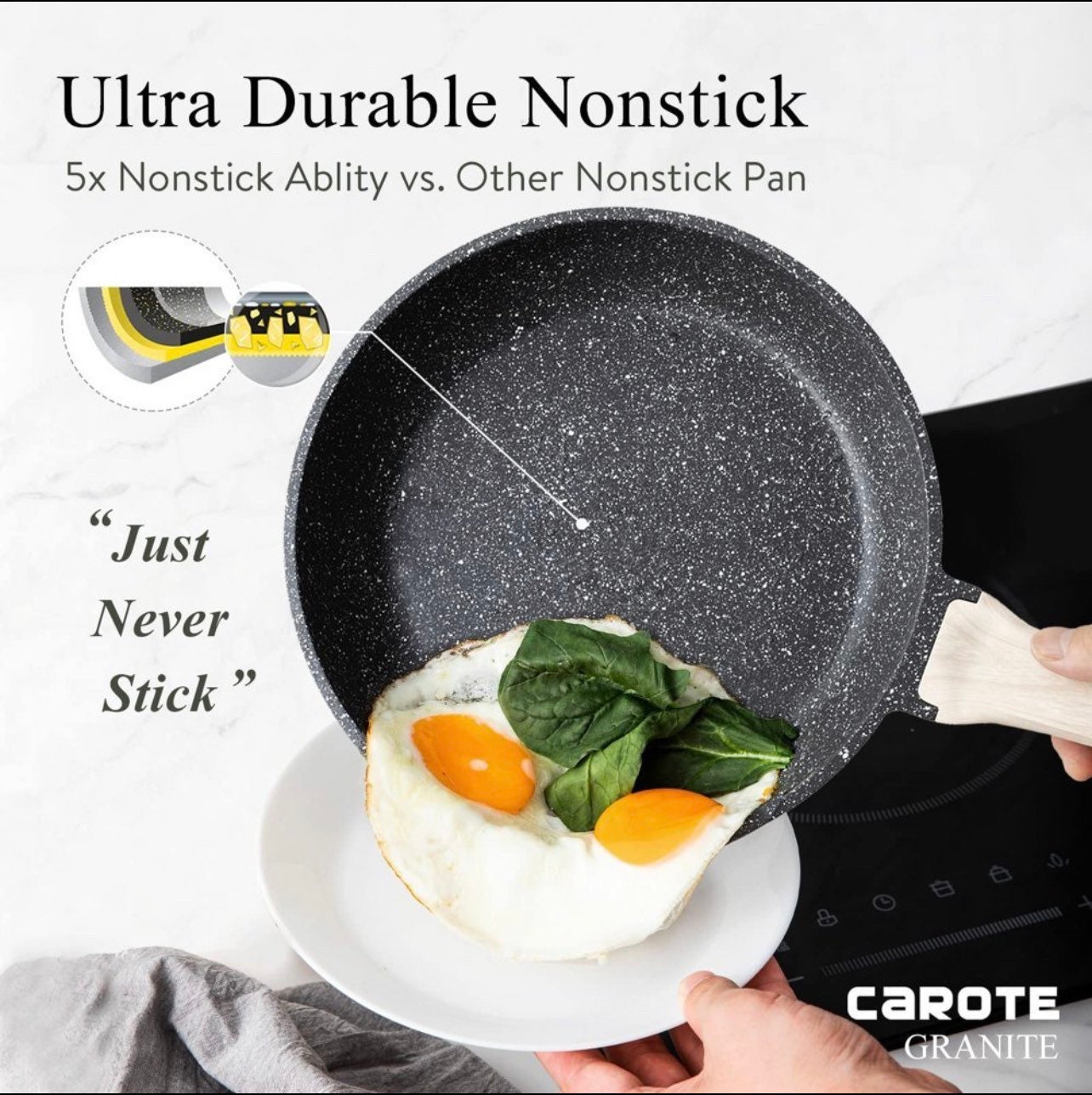 Carote Nonstick Cookware Sets, 17 Pcs Granite Non Stick Pots and Pans Set  with Removable Handle