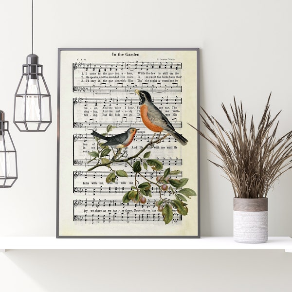 In the Garden Digital Print | Christian Wall Art | Vintage Hymnal Art | Birds | Robins