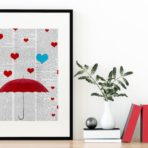 Printable Vintage Dictionary Page Print Art Instant Umbrella Download Red Blue Heart Decor Valentine's Day Digital Wall Art Valentine Retro