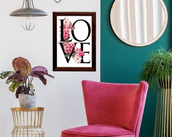 Printable Pink Floral Valentine Love Art Instant Prints Download Farmhouse Decor Valentine's Day Digital Wall Art