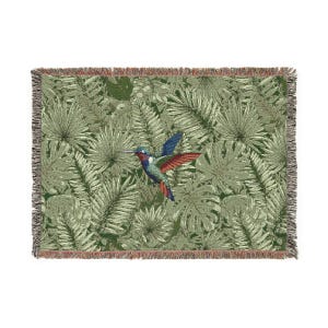 Hummingbird Haven Blanket, Green Pillow, Tropical Pillow and Pillow Case, Rainforest Leaves Throw Blanket, Colorful Home Decor, Bird Accent
