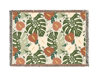 Tropische Brise Decke, Kissen, Kissen und Kissenbezug, Monstera, Anthurium, modernes Wohndekor, botanisches Muster, tropisches Design