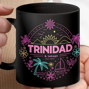 Trinidad Tobago tropische Tasse, Island Sunshine Trinkgefäße, karibische Strandkaffeetasse, helles und lustiges Segelboot-Design, Blumenpalmenmuster