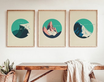 Set of 3 famous mountains, Printable wall art, 3 pieces wall art, Mountains wall art, Home decor, Digital download, JPEG files