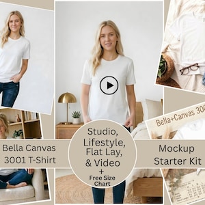 May include: A white Bella+Canvas 3001 T-shirt is featured in a mockup. The image includes a woman wearing the shirt, plus lifestyle and flat lay mockups. Text includes "Studio, Lifestyle, Flat Lay, & Video" and "Mockup Starter Kit."