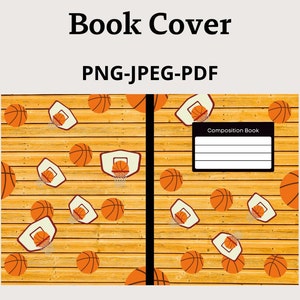 May include: A book cover with a basketball theme. The cover features a wood grain background with basketballs and basketball hoops. The text "Composition Book" is printed on the cover.