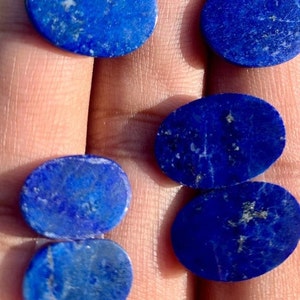 Op de afbeelding: Een verzameling ovale lapis lazuli cabochons, vari&euml;rend in grootte, met een diepblauwe kleur en witte adering. De stenen zijn glad en gepolijst, met een natuurlijke, aardse uitstraling.