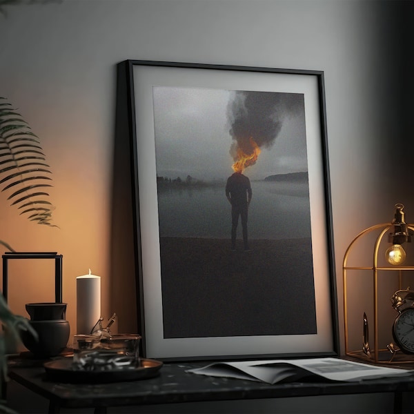 Burning Head | Man Standing at Night | Grain Black Grey Fire Smoke Dark Goth Anxiety Thoughts Depression | Fine Art Poster Print Digital