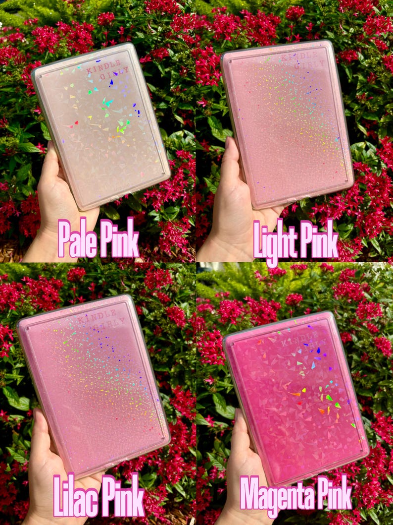 May include: Four Kindle Paperwhite cases in different shades of pink: pale pink, light pink, lilac pink, and magenta pink. Each case has a clear, glittery design.