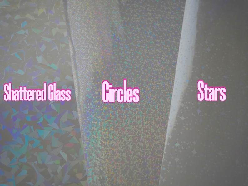 May include: Three samples of iridescent holographic vinyl with different patterns: shattered glass, circles, and stars.