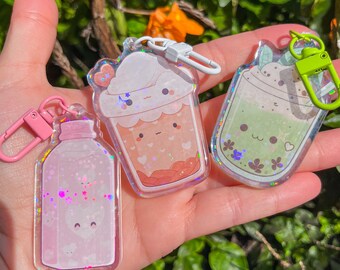 Holographic Kawaii Drink Keychain – Boba Style Charm