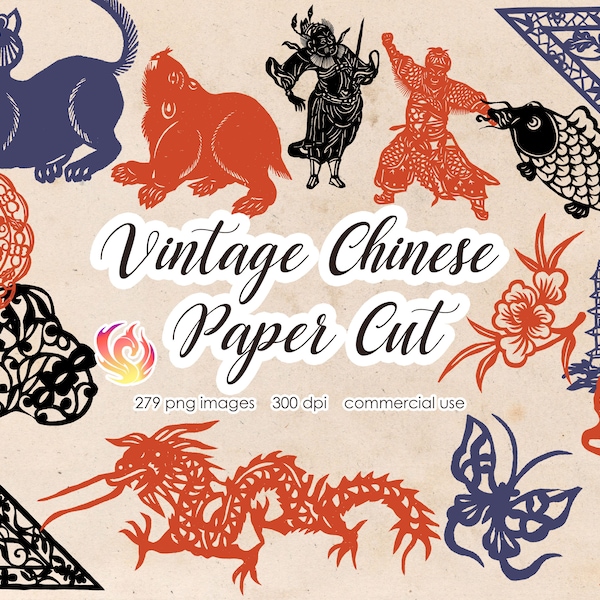 Vintage chinese traditional paper cut art clipart, planner, wedding invitation, overlay, junk journal, png, instant download, commercial use