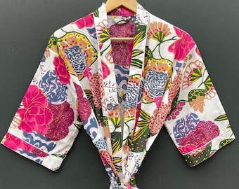 Cotton Kimono Robe Dressing Gown, Block Print Bridesmaid Robe, Summer Nightwear, One Size