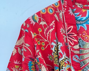 Cotton Kimono Robe Dressing Gown, Block Print Bridesmaid Robe, Summer Nightwear, One Size