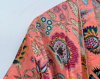 Cotton Kimono Robe Dressing Gown, Block Print Bridesmaid Robe, Summer Nightwear, One Size