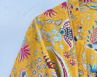 Cotton Kimono Robe Dressing Gown, Block Print Bridesmaid Robe, Summer Nightwear, One Size