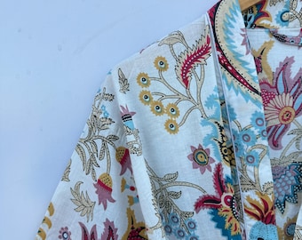 Cotton Kimono Robe Dressing Gown, Block Print Bridesmaid Robe, Summer Nightwear, One Size