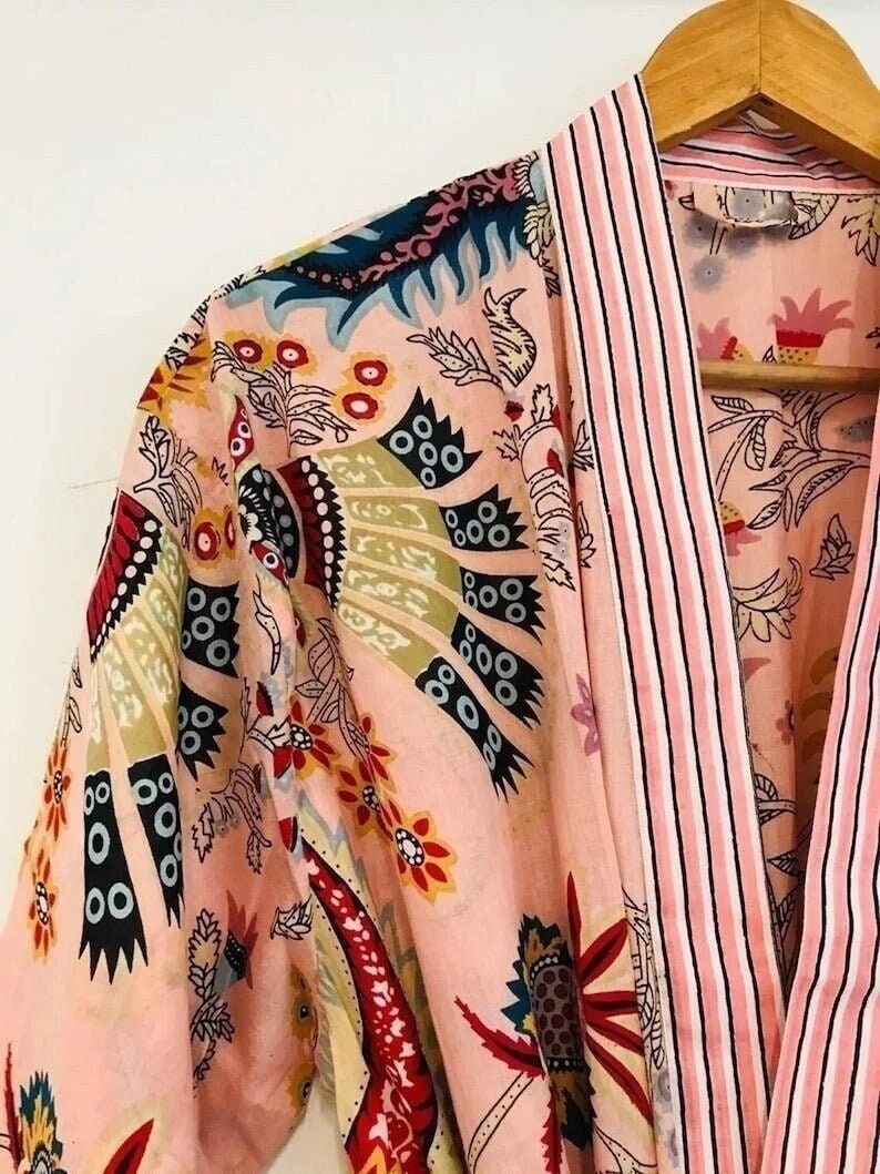 Cotton Kimono Robe Dressing Gown, Block Print Bridesmaid Robe, Summer Nightwear, One Size