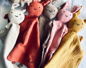 Doudou Rabbit in personalized cotton muslin - Personalized blanket comforter - Cotton gauze comforter - fluorescent comforter