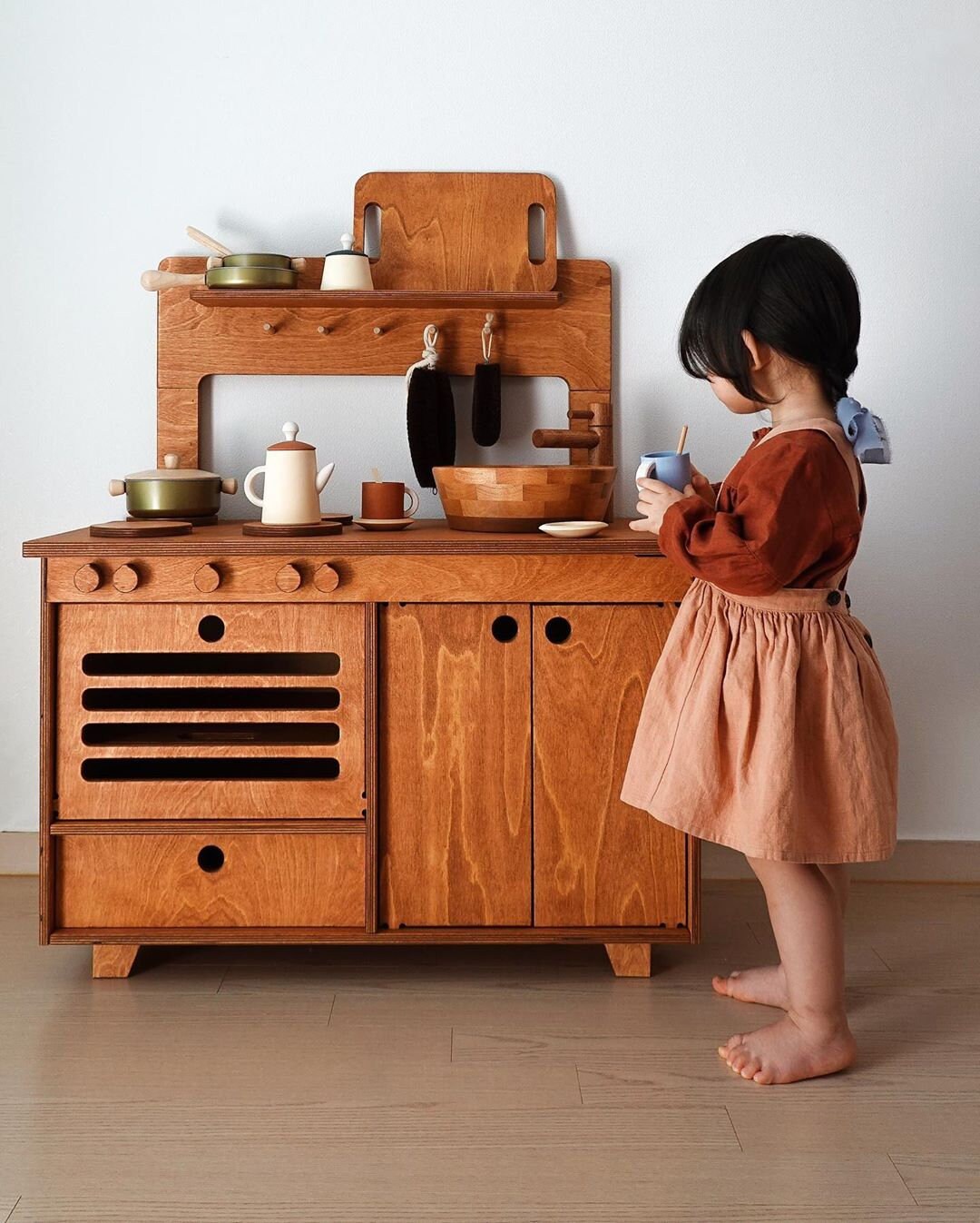 Montessori Wooden Play Kitchen Mahogany Wood Etsy