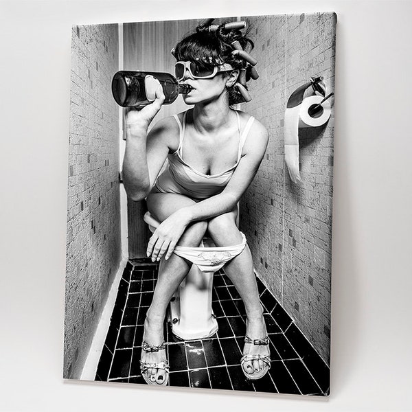 Funny Bathroom Art,Fashion Toilet Girl Drinking Canvas，Bathroom Drink Poster,Black and White Bathroom Wall Art ,Humor Restroom Photo Print