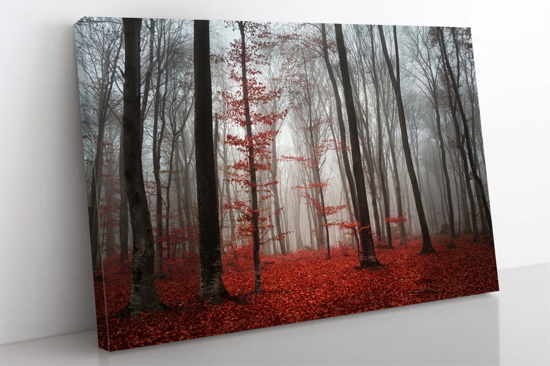 Red Foggy Forest Trees Wall Art Canvas Print Wall Art Autumn Landscape ...
