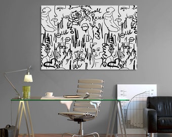 white black graffiti wall art canvas Woman faces graffiti wall art print graffiti wall art  Abstract Pop Art Faces and Geometric Shapes art