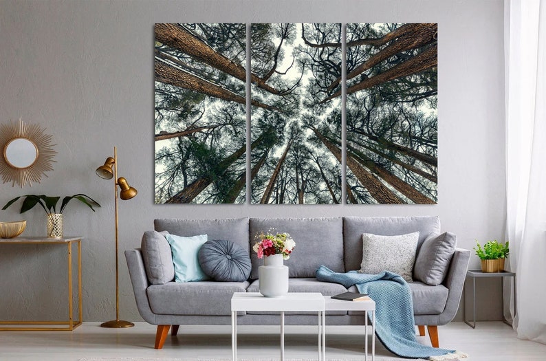 May include: A three-panel canvas print featuring a view of tall trees from below, with the branches and trunks reaching up towards a cloudy sky. The trees are a dark green color, and the sky is a light blue.