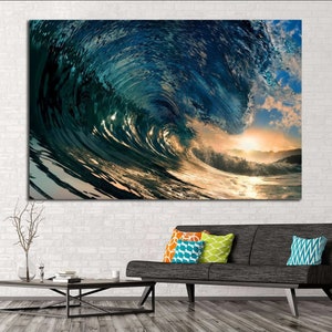 Ocean Canvas,Landscape Canvas,Sunset Large Wall art,Colorful Ocean Waves at Sunset Canvas Print,Surfer art