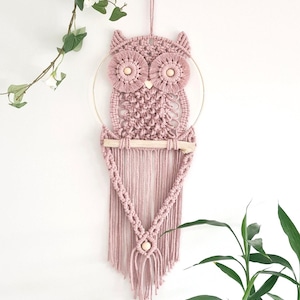 May include: A pink macrame owl wall hanging. The owl is crafted with intricate knotting and features a gold ring and wooden dowel. A decorative piece for a home, with a bohemian aesthetic.