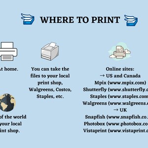 May include: A graphic showing where to print photos. Options include printing at home, taking files to a local print shop, or using online services like Mpix, Shutterfly, Staples, and Walgreens.