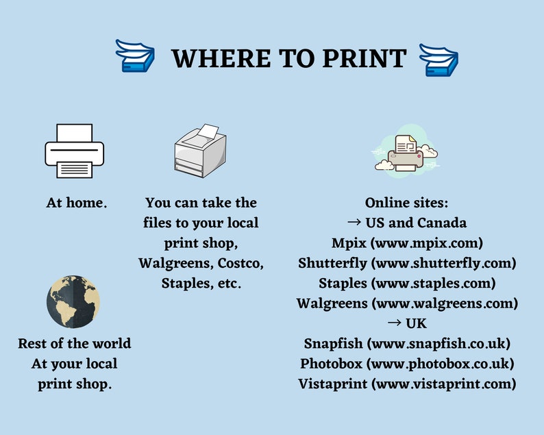 May include: A graphic showing where to print photos. Options include printing at home, taking files to a local print shop, or using online services like Mpix, Shutterfly, Staples, and Walgreens.