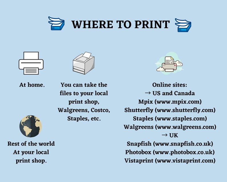 May include: A graphic showing where to print photos. Options include printing at home, taking files to a local print shop, or using online services like Mpix, Shutterfly, Staples, and Walgreens.