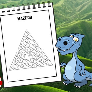 May include: A black and white printable maze activity sheet with the title "MAZE 09" and a triangle shaped maze with a dinosaur inside. A blue cartoon dinosaur is looking at the maze.