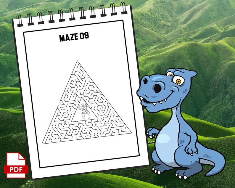 May include: A black and white printable maze activity sheet with the title "MAZE 09" and a triangle shaped maze with a dinosaur inside. A blue cartoon dinosaur is looking at the maze.
