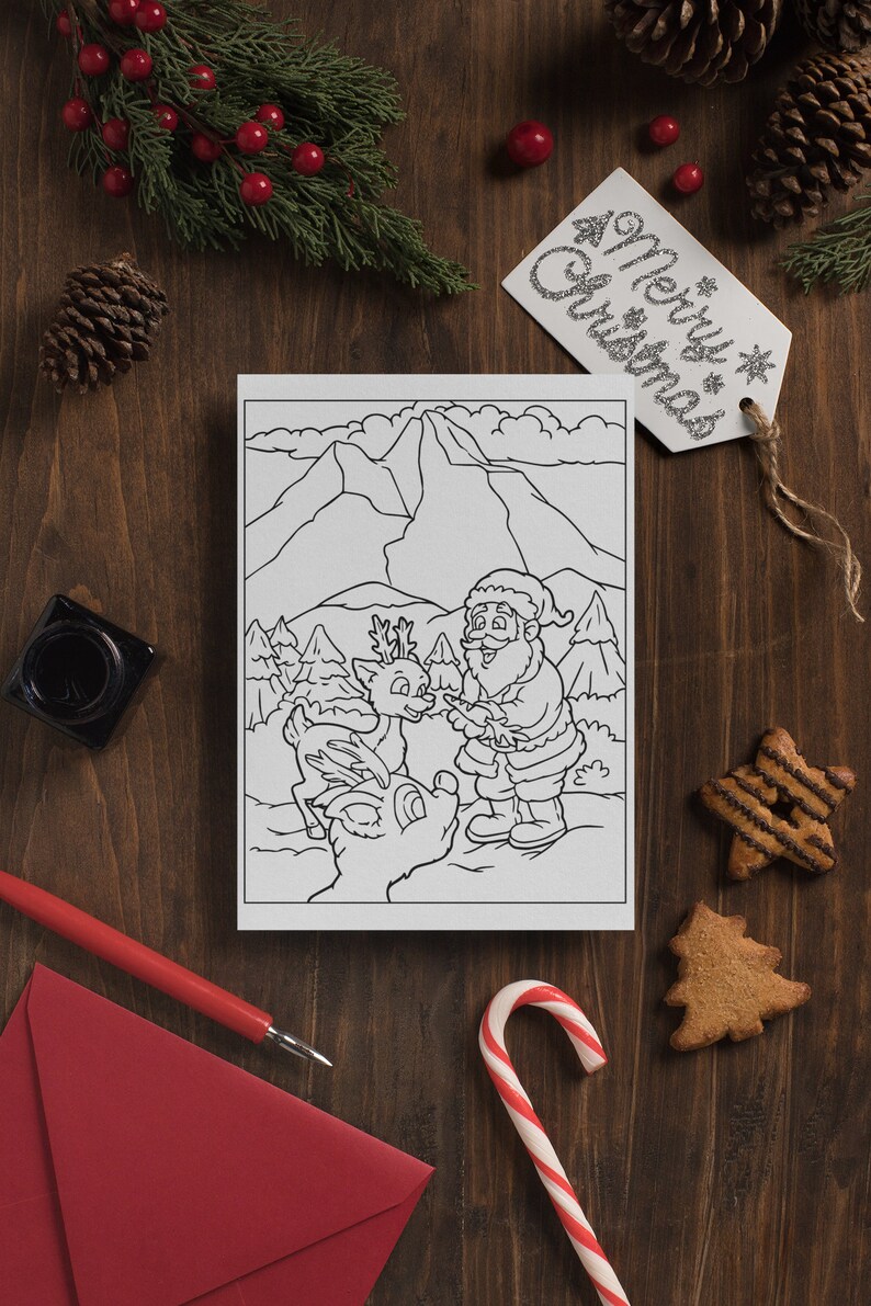 May include: A black and white coloring page featuring Santa Claus giving a carrot to a reindeer. The scene is set in a snowy mountain landscape.