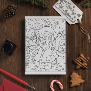 May include: A black and white coloring page featuring a Christmas elf with a red hat and a braid. The elf is holding a small gift and standing in a snowy forest scene. The page is surrounded by Christmas decorations, including a candy cane, pine cones, and a red envelope.