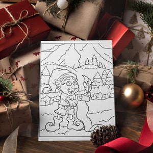 May include: A black and white coloring page featuring a cartoon elf holding a quill pen and scroll. The elf is standing in a snowy forest with mountains in the background.