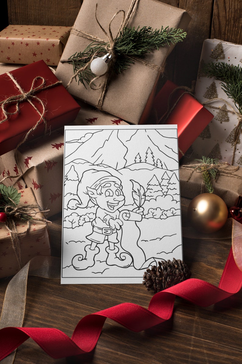 May include: A black and white coloring page featuring a cartoon elf holding a quill pen and scroll. The elf is standing in a snowy forest with mountains in the background.