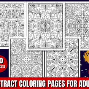 May include: A set of 40 abstract coloring pages for adults. The pages feature intricate designs with geometric patterns and swirls. The pages are black and white and ready to be colored.